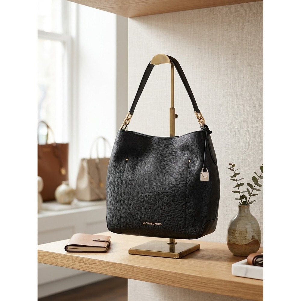 Michael Kors Reed Large Black Leather Belted Hobo Shoulder Bag